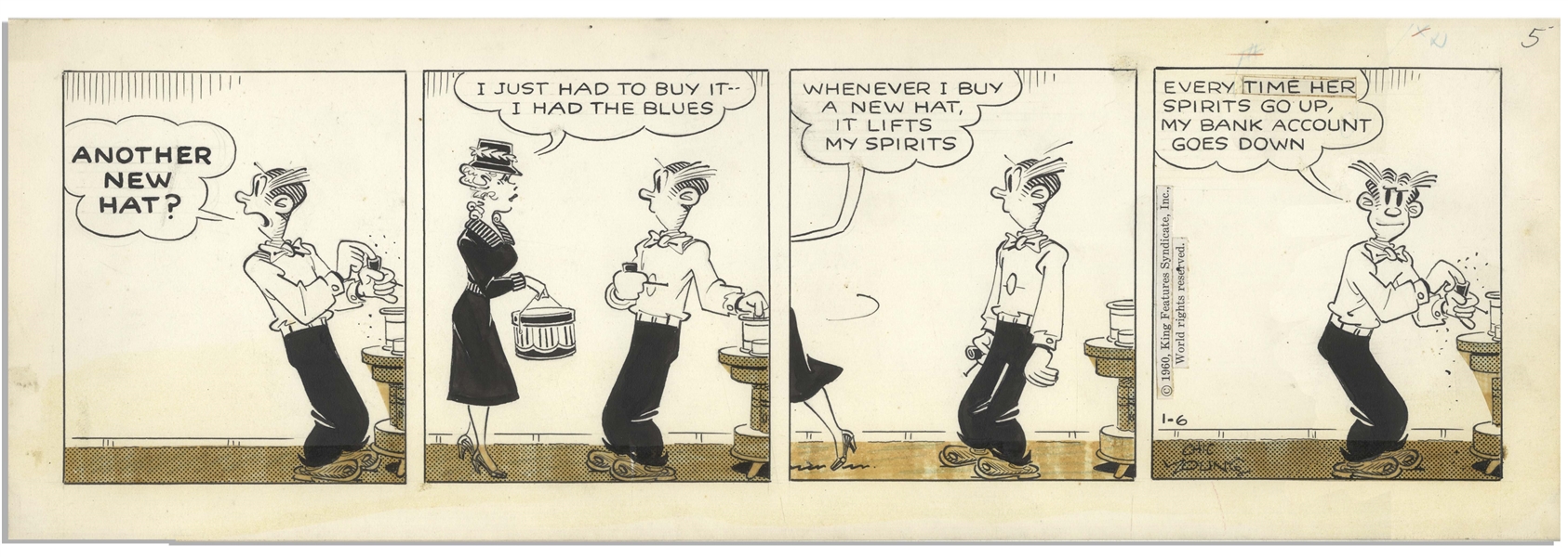 Chic Young Hand-Drawn ''Blondie'' Comic Strip From 1960 Titled ''What Goes Up Must Come Down''